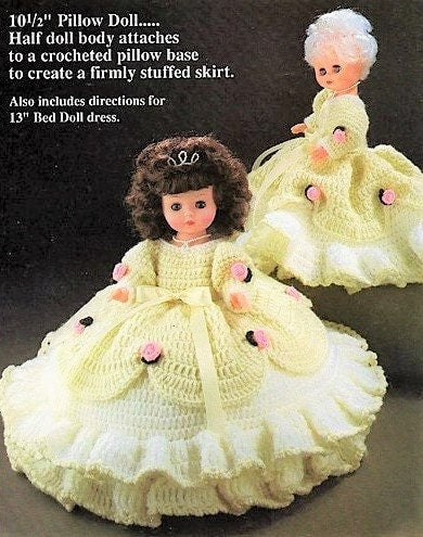 Vintage Crochet Pattern 13" Cinderella Bed Doll Pillow Doll Tiered Rose Ballgown Dress PDF Instant Digital Download 10 Ply