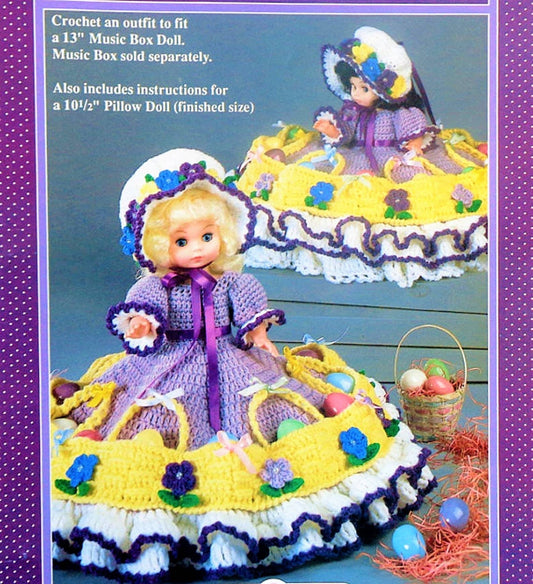 Vintage Crochet Pattern 13" Bed Doll Pillow Doll Music Box Doll Easter Parade Dress PDF Download Easter Egg Gathering Pockets 10 Ply