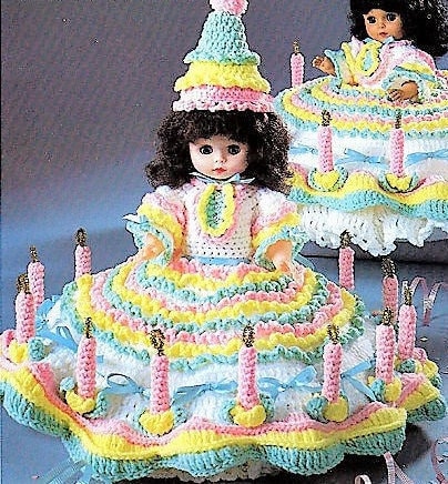 Vintage Crochet Pattern 13" Birthday Bed Doll Pillow Doll Music Box Doll Cake Candles Dress PDF Instant Digital Download 10 Ply