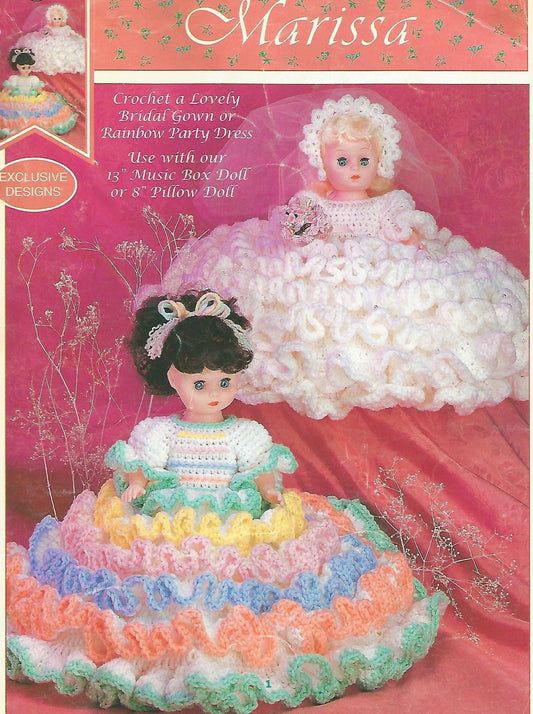 Vintage Crochet Pattern Rainbow Party Dress Wedding Dress Bed Doll Music Box Pillow Doll Outfits  13 Inch Dolls PDF Instant Digital Download