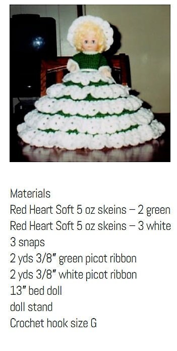 Vintage Crochet Pattern 13" Pretty Bed Doll Tiered Shell Stitch Ruffle Dress & Hat PDF Instant Digital Download 10 Ply