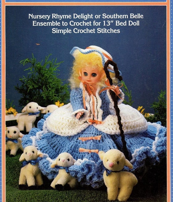 Vintage Crochet Pattern Southern Belle or Little Bo Peep Outfit for 13 Inch Bed Dolls Dress Hat Staff PDF Instant Digital Download 10 Ply