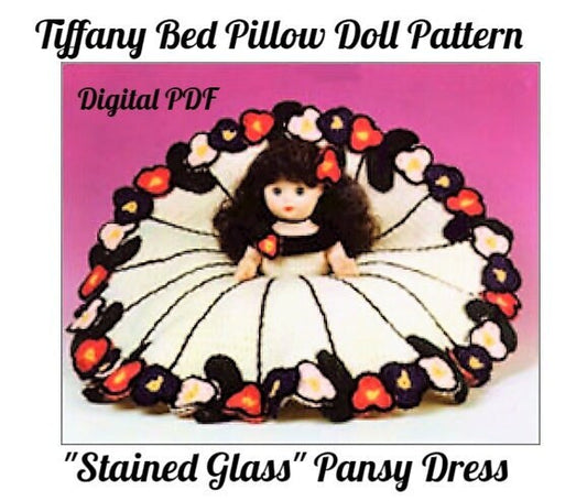 Vintage Crochet Pattern Tiffany Pillow Doll Bed Doll Stained Glass Pansies Flower Dress PDF Instant Digital Download 10 Ply