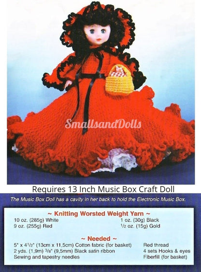 Vintage Crochet Pattern 13" Music Box Bed Doll Christmas Cape Red Riding Hood PDF Instant Digital Download 10 Ply