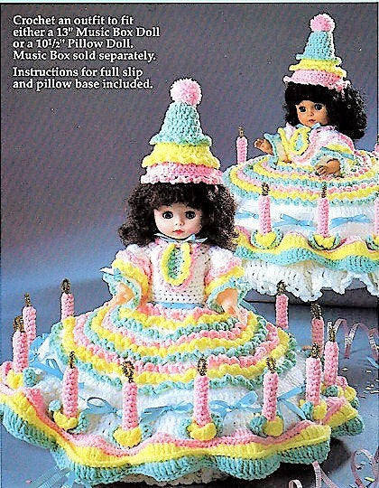 Vintage Crochet Pattern 13" Birthday Bed Doll Pillow Doll Music Box Doll Cake Candles Dress PDF Instant Digital Download 10 Ply