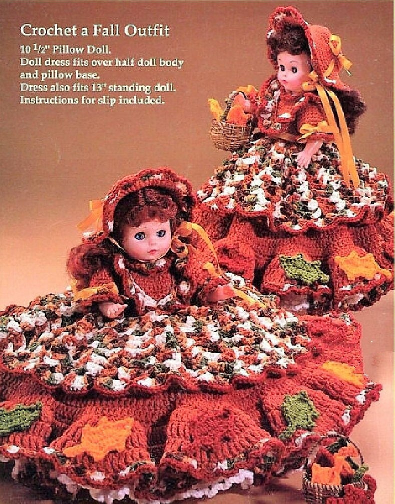 Vintage Crochet Pattern 13" Fall Autumn Leaves Bed Doll Music Box or Pillow Doll Dress Outfit PDF Instant Digital Download 10 Ply