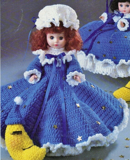Vintage Crochet Pattern Twinkle Star Bed Doll Pillow Doll Music Box Doll Outfit Moon Dress Nightgown PDF Instant Digital Download 13" Dolls