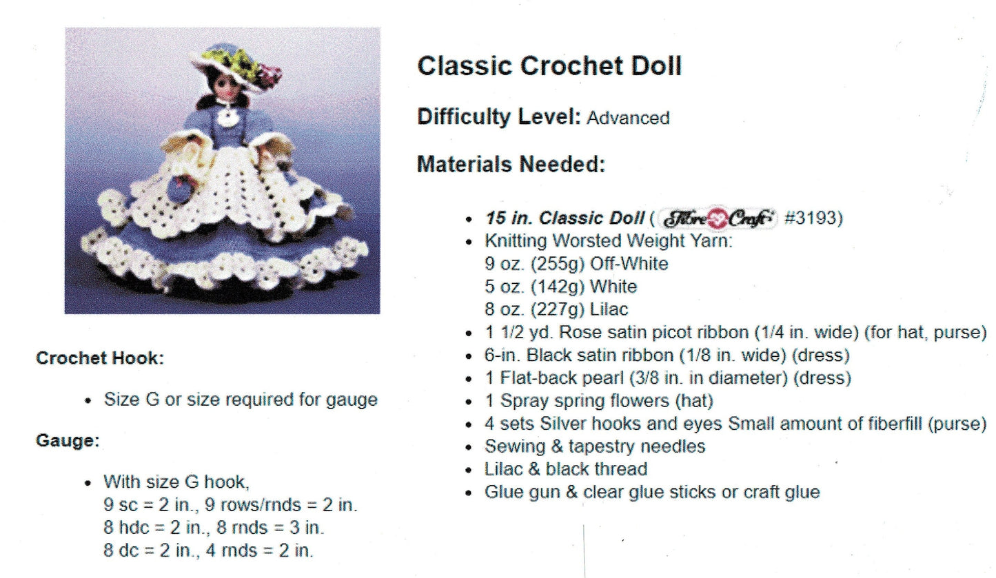 Vintage Crochet Pattern Pretty Martha Bed Doll Dress Hat Purse 15 inch Doll PDF Instant Digital Download Fashion Doll Outfit 10 Ply