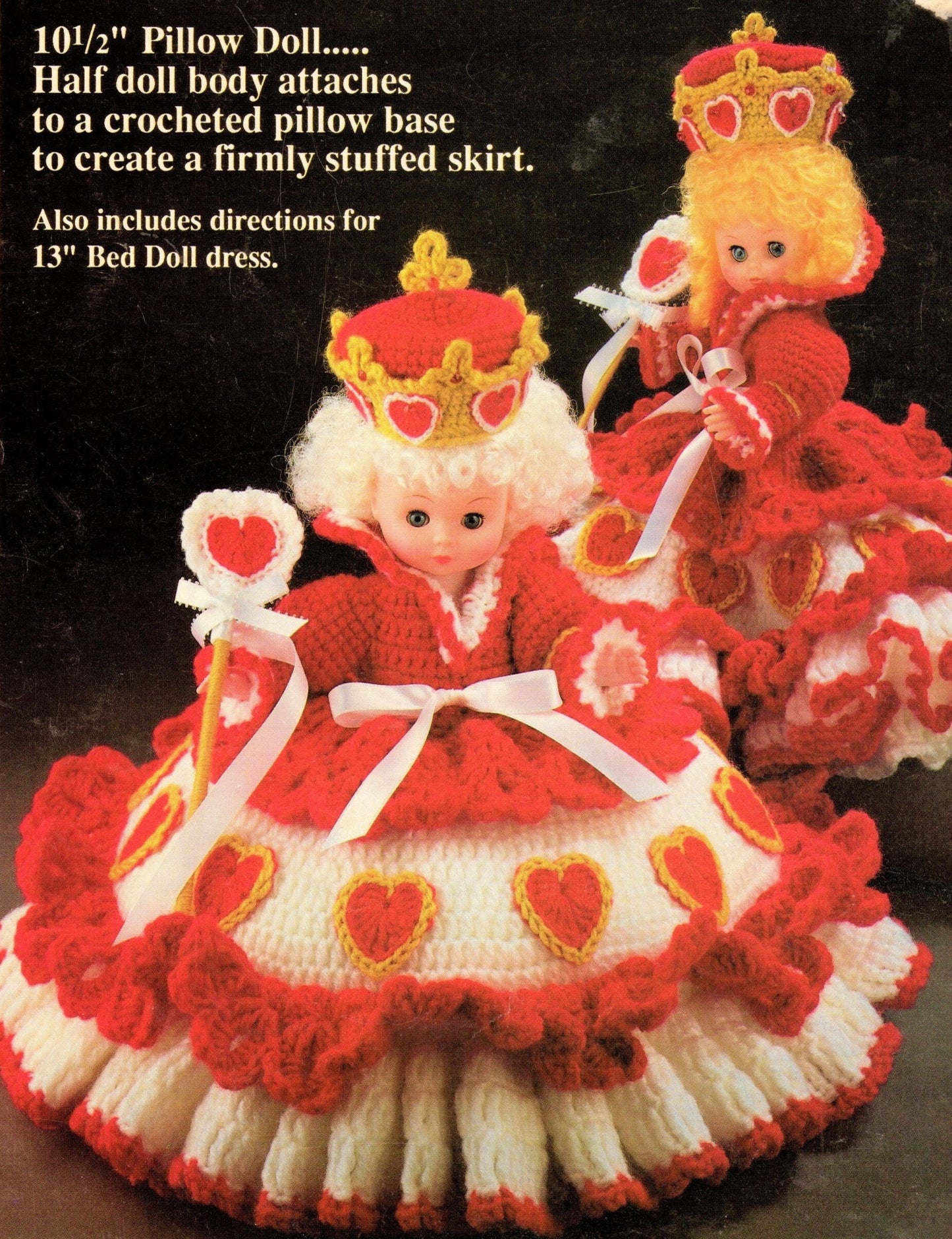 Vintage Crochet Pattern Queen of Hearts Bed Doll Music Box or Pillow Doll Dress Outfits 13 Inch Dolls PDF Instant Digital Download 10 Ply