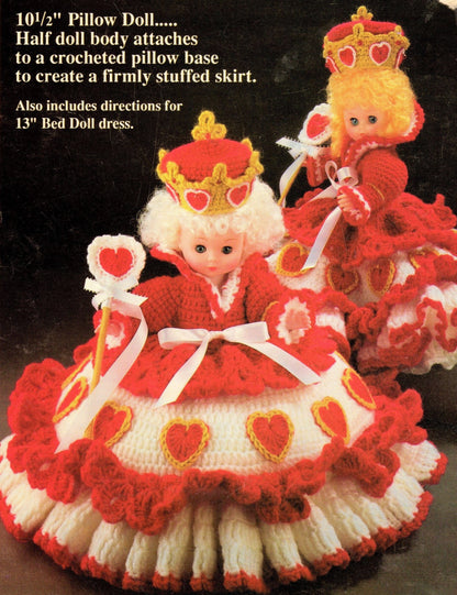 Vintage Crochet Pattern Queen of Hearts Bed Doll Music Box or Pillow Doll Dress Outfits 13 Inch Dolls PDF Instant Digital Download 10 Ply