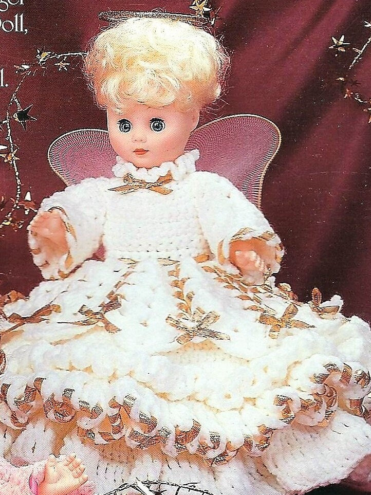 Vintage Crochet Pattern Angel and Ribbon Dress Bed Doll Music Box or Pillow Doll Outfits for 13 Inch Dolls PDF Instant Digital Download