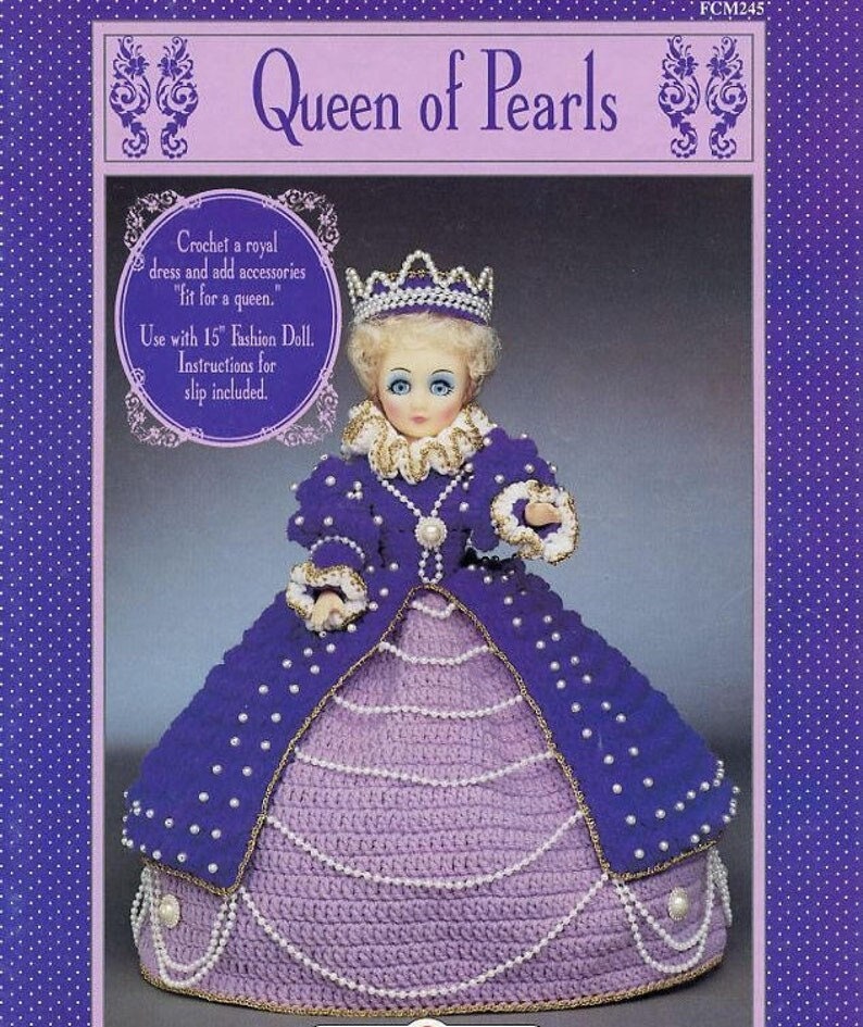 Vintage Bed Doll 15" Crochet Pattern Queen of Pearls Fashion Doll PDF Instant Digital Download Royal Gown Crown 10 Ply