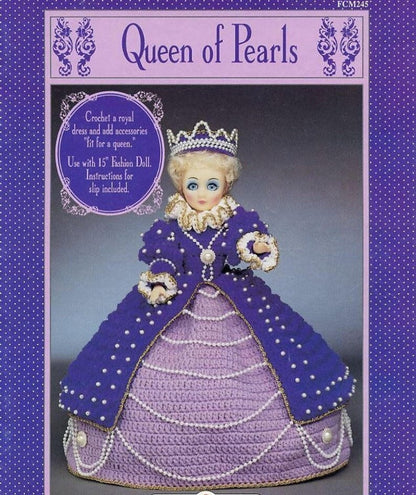 Vintage Bed Doll 15" Crochet Pattern Queen of Pearls Fashion Doll PDF Instant Digital Download Royal Gown Crown 10 Ply