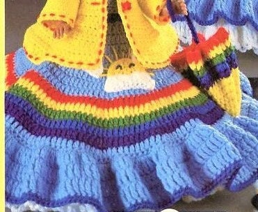 Vintage Crochet Pattern Rainbow Girl Bed Doll Music Box or Pillow Doll Dress Outfit PDF Instant Digital Download 13 Inch Doll 10 Ply