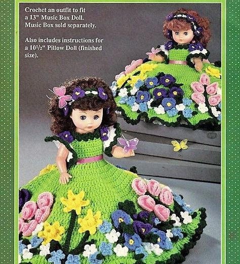 Vintage Crochet Pattern Favorite Things 13" Bed Doll Pillow Doll Music Box Doll Outfit Summer Flowers Dress PDF Instant Digital Download