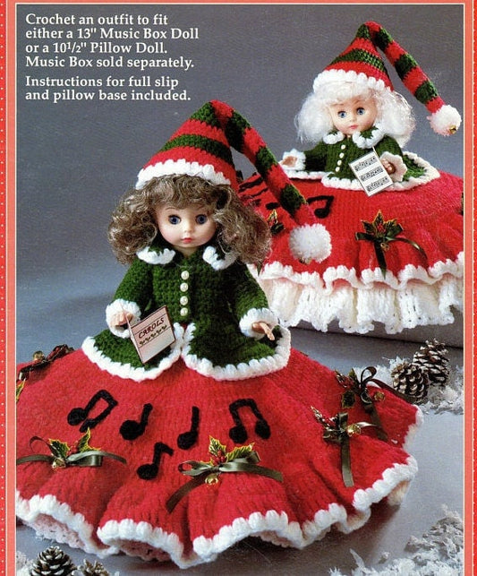 Vintage Crochet Pattern Christmas 13" Bed Doll Music Box or Pillow Doll Carolers Dress Outfits PDF Instant Digital Download 10 Ply