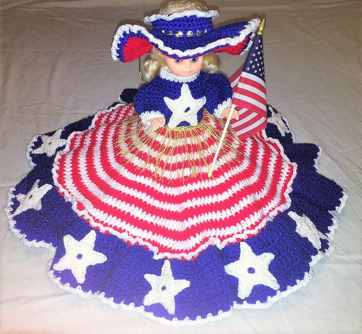 Vintage Crochet Pattern 13" Patriotic American Bed Pillow Doll Dress Hat PDF Instant Digital Download Red White Blue July 4th Doll 10 Ply