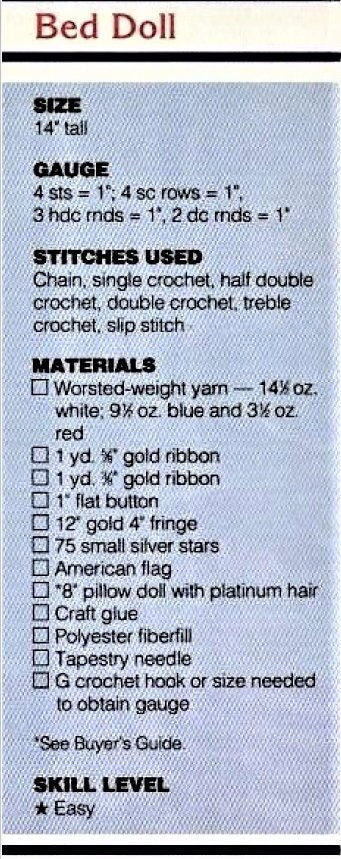 Vintage Crochet Pattern 13" Patriotic American Bed Pillow Doll Dress Hat PDF Instant Digital Download Red White Blue July 4th Doll 10 Ply