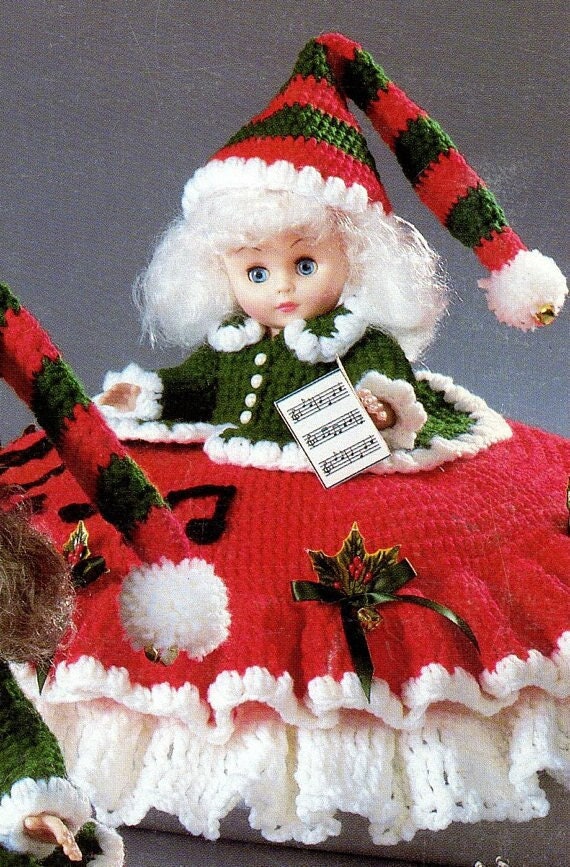 Vintage Crochet Pattern Christmas 13" Bed Doll Music Box or Pillow Doll Carolers Dress Outfits PDF Instant Digital Download 10 Ply