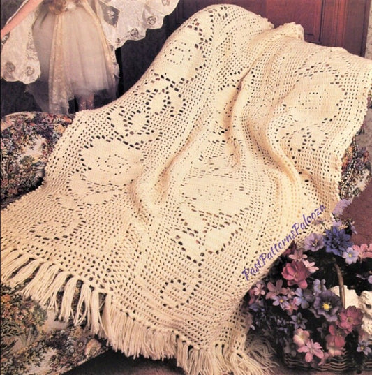 Vintage Filet Crochet Pattern Pretty Victorian Roses Afghan Instant Digital Download Blanket 48x57 10 Ply
