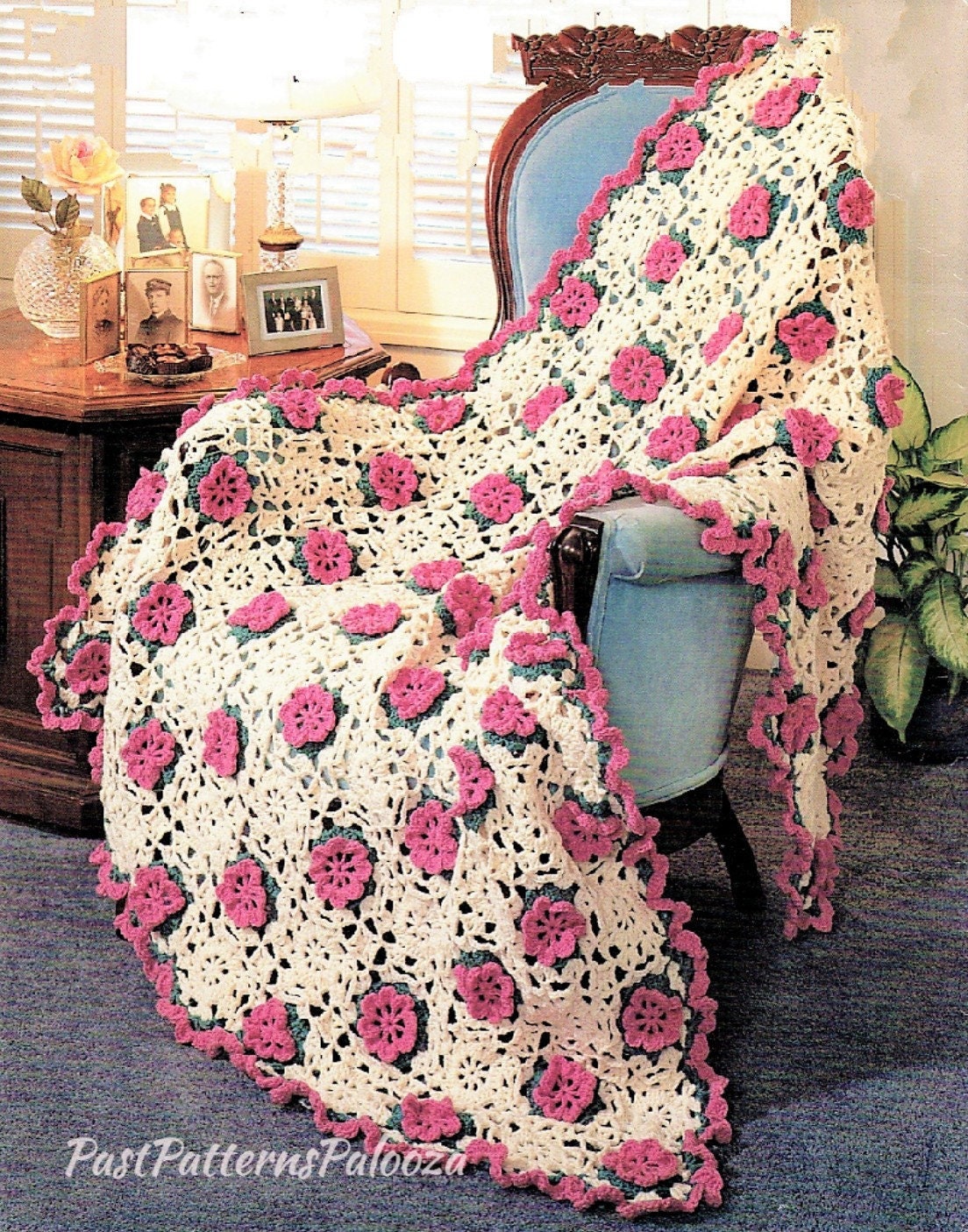 Vintage Crochet Pattern Victorian Ruffles and Roses Afghan PDF Instant Digital Download Granny Square Petal Flower Motif Blanket 10 Ply