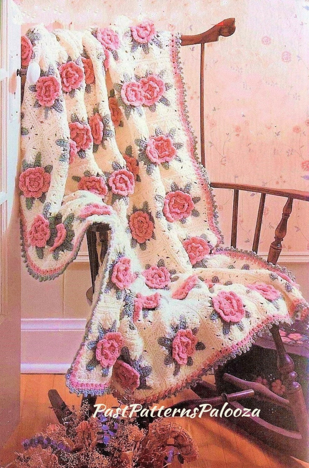 Vintage Crochet Pattern Victorian Rose Granny Square Afghan PDF Instant Digital Download Pretty Flower Motif Blanket 10 Ply