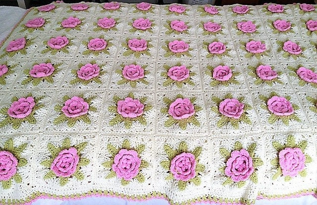 Vintage Crochet Pattern Victorian Rose Granny Square Afghan PDF Instant Digital Download Pretty Flower Motif Blanket 10 Ply