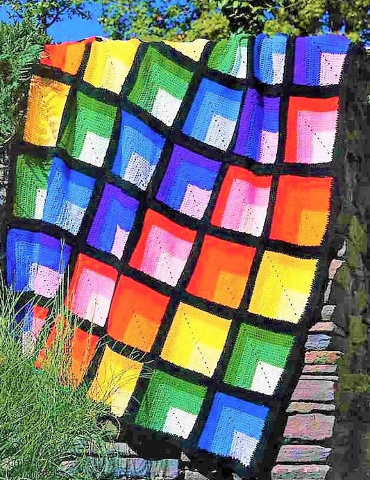 Vintage Crochet Afghan Log Cabin Rainbow Squares Pattern PDF Instant Digital Download Beautiful Crocheted Colorful Throw Blanket 56x74