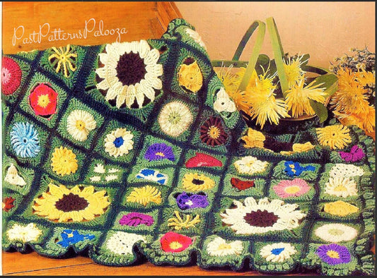 Vintage Crochet Afghan Pattern Beautiful Garden Flowers Wildflowers Granny Square Medley PDF Instant Digital Download 26 Different Florals