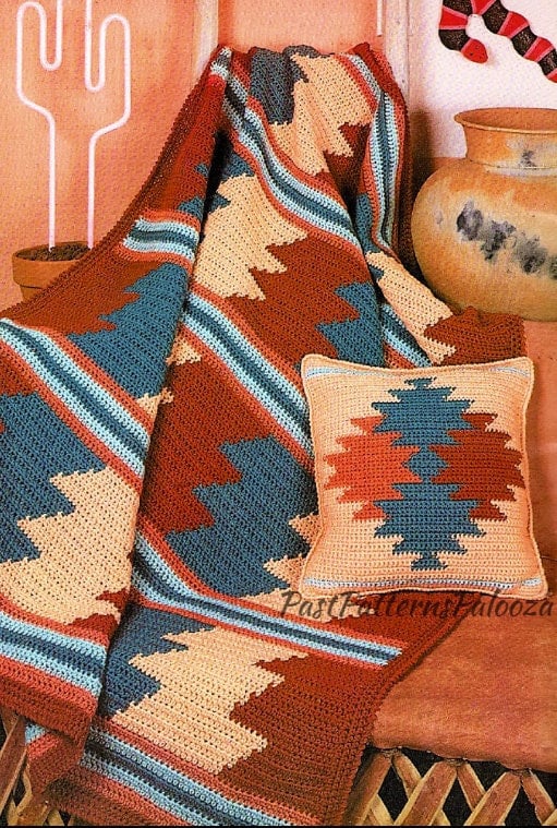 Vintage Crochet Afghan Pattern Southwestern Desert Sunset Blanket & Pillow Set PDF Instant Digital Download Navajo Indian Design 10 Ply