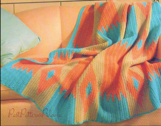 Vintage Crochet Afghan Pattern Southwestern Navajo Indian Blanket PDF Instant Digital Download Navajo Indian Geometric Diamonds Throw 10 Ply