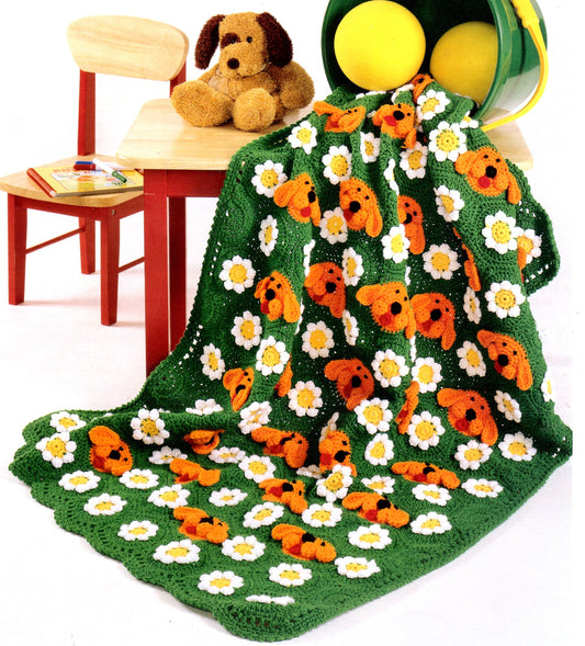 Vintage Crochet Afghan Pattern Puppy Dogs and Daisy Flower Motif Granny Squares PDF Instant Digital Download Kids Blanket 10 Ply