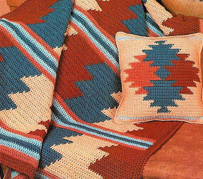Vintage Crochet Afghan Pattern Southwestern Desert Sunset Blanket & Pillow Set PDF Instant Digital Download Navajo Indian Design 10 Ply