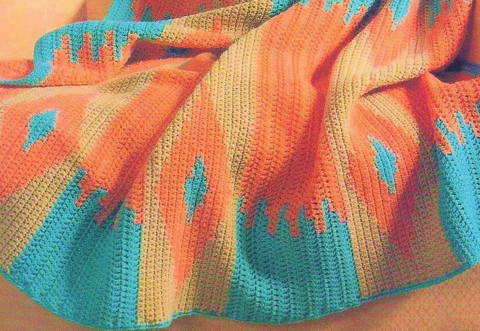 Vintage Crochet Afghan Pattern Southwestern Navajo Indian Blanket PDF Instant Digital Download Navajo Indian Geometric Diamonds Throw 10 Ply