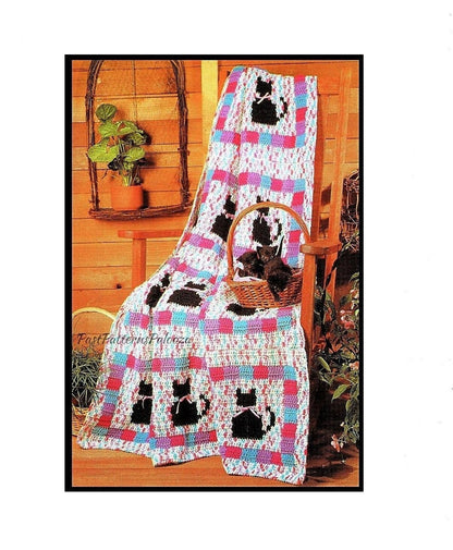 Vintage Crochet Pattern Cute Kitty Cat Blocks Afghan PDF Instant Digital Download Variegated Yarn Ribbon Bows Blanket Throw 47x61 10 Ply