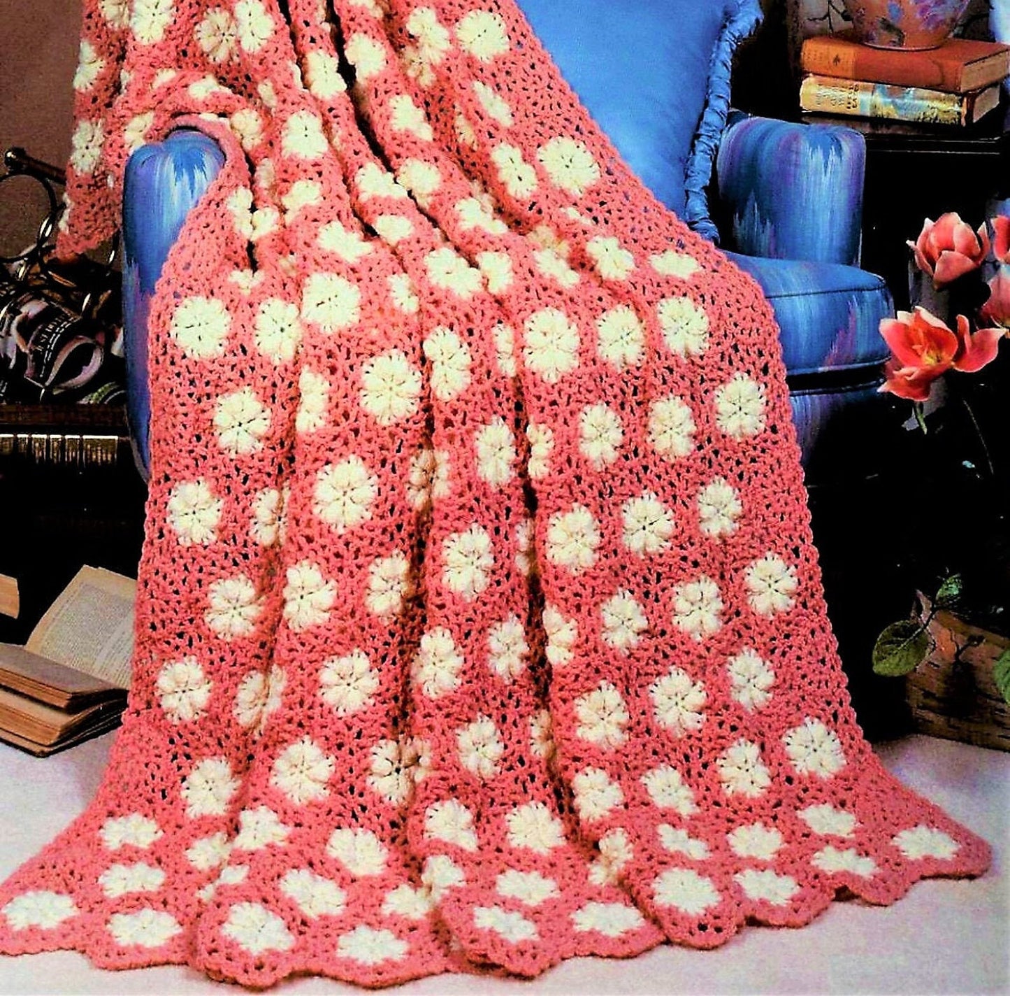 Vintage Crochet Pattern Pretty Petals Lacy Flower Afghan PDF Instant Digital Download Hexagon Floral Motifs Blanket 10 Ply