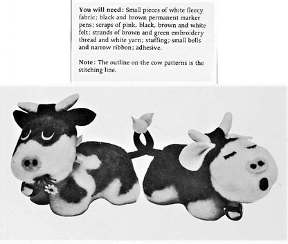 Vintage Sewing Pattern 3" Miniature Cows Fleece Fabric Soft Toy Dolls PDF Instant Digital Download Sewn Cute Mooing and Chewing Farm Animals