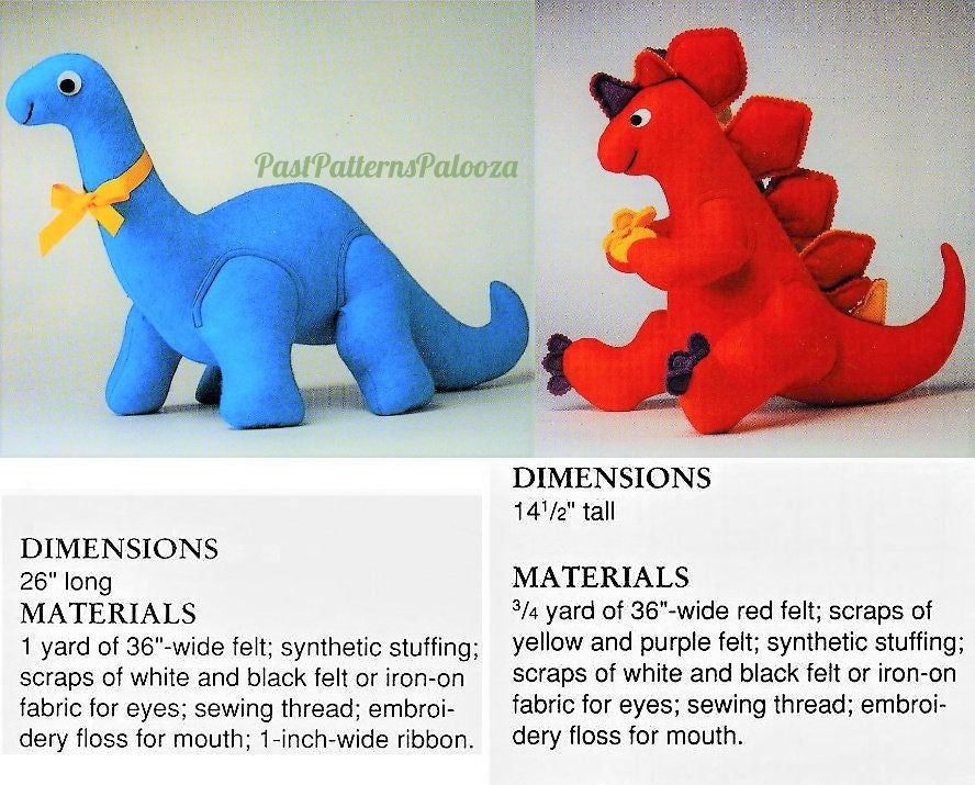 Vintage Sewing Pattern Felt Fabric Dinosaur Soft Sculpture Toy Dolls 26" Brontosaurus 14" Stegosaurus PDF Instant Digital Download