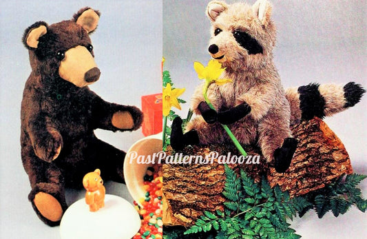 Vintage Sewing Pattern 16" Plush Raccoon and Brown Bear Faux Fur Fabric Toys PDF Instant Digital Download Sewn Woodland Forest Friends Dolls