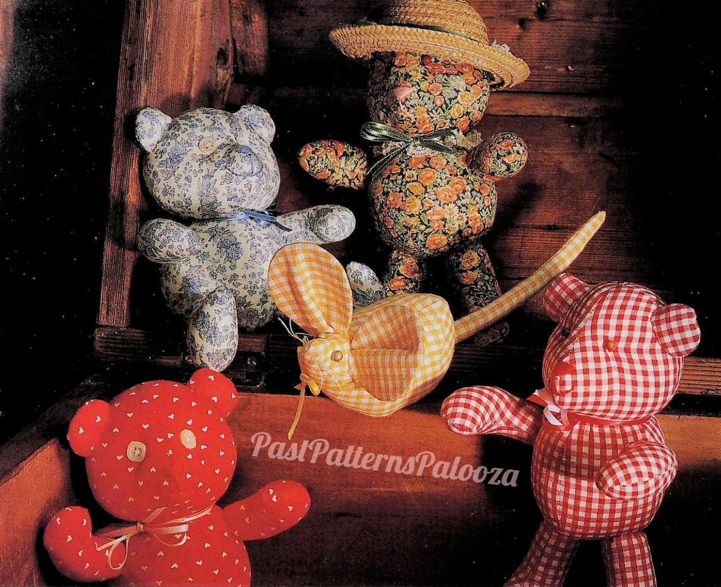Vintage Sewing Pattern 12-14" Soft Sculpture Teddy Bears and A Mouse Toy Dolls Calico Gingham Chintz Fabric PDF Instant Digital Download