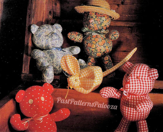 Vintage Sewing Pattern 12-14" Soft Sculpture Teddy Bears and A Mouse Toy Dolls Calico Gingham Chintz Fabric PDF Instant Digital Download