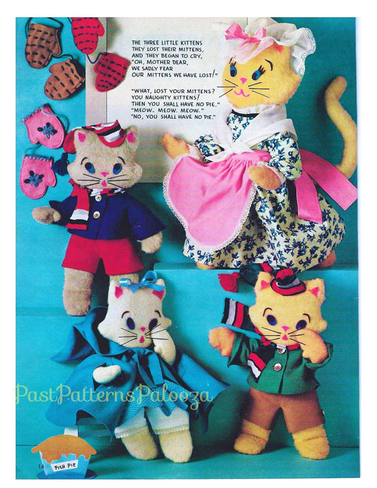 Vintage Sewing Pattern 16" Three Little Kittens Soft Fleece Toy Dolls PDF Instant Digital Download Kitty Cats To Sew Nursery Rhyme Plushies