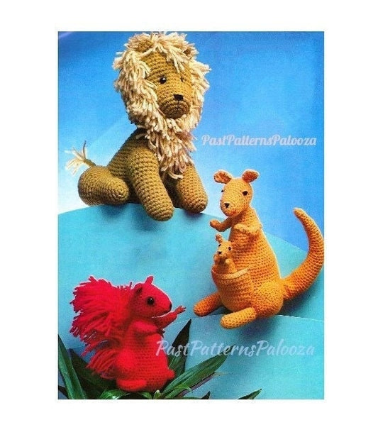 Vintage Crochet Pattern 8-14" Lion Squirrel Kangaroo Soft Toy Dolls Amigurumi Animals PDF Instant Digital Download 10 Ply