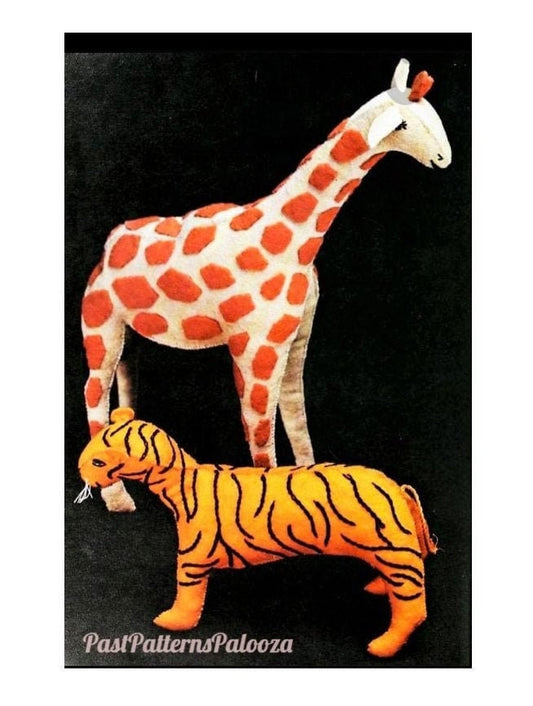 Vintage Sewing Pattern 12" Giraffe & 7" Tiger Felt Fabric Soft Sculpture Plush Animal Dolls PDF Instant Digital Download Retro Zoo Toys