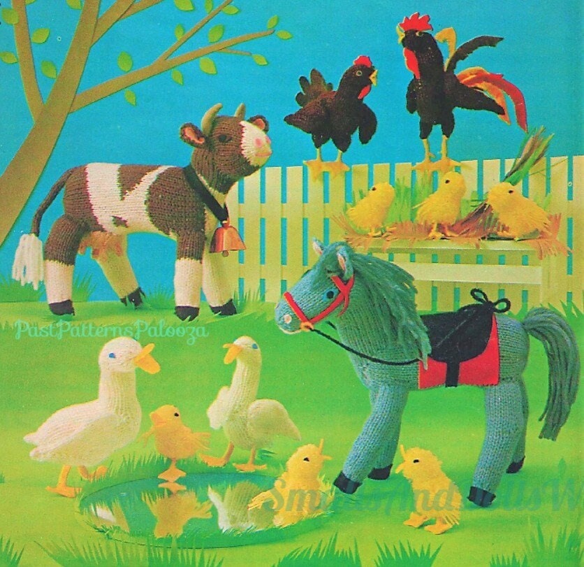 Vintage Knitting Pattern Farm Barnyard Animal Soft Toy Dolls PDF Instant Digital Download Barnyard Amigurumi Cow Horse Rooster Duck Chicken