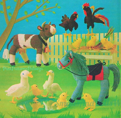 Vintage Knitting Pattern Farm Barnyard Animal Soft Toy Dolls PDF Instant Digital Download Barnyard Amigurumi Cow Horse Rooster Duck Chicken