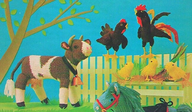 Vintage Knitting Pattern Farm Barnyard Animal Soft Toy Dolls PDF Instant Digital Download Barnyard Amigurumi Cow Horse Rooster Duck Chicken