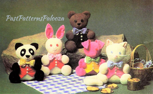 Vintage Sewing Pattern 9" Stuffed Animal Dolls Soft Sculpture Plush Toys Bear Pig Cat Panda Bunny PDF Instant Digital Download Plushies