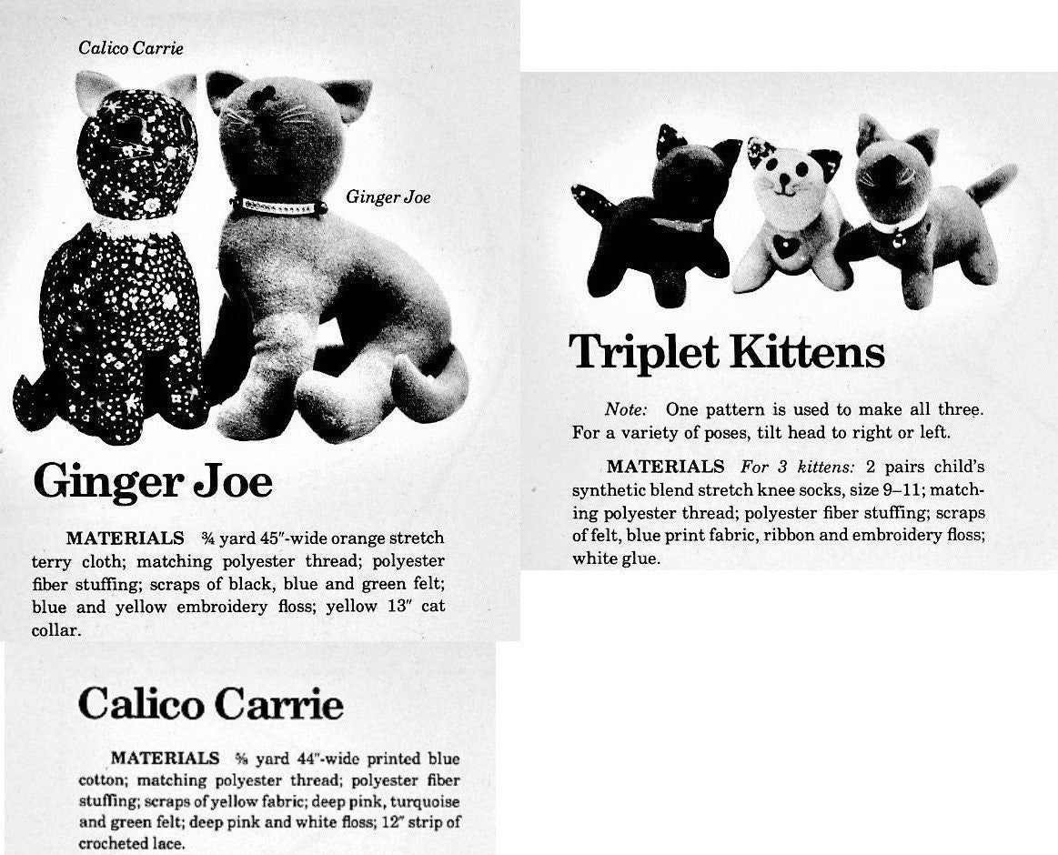 Vintage Sewing Pattern Kitty Cat Family Ginger Joe Calico Carrie Triplet Sock Kittens Soft Fabric Toy Dolls PDF Instant Digital Download