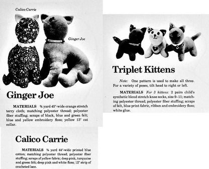 Vintage Sewing Pattern Kitty Cat Family Ginger Joe Calico Carrie Triplet Sock Kittens Soft Fabric Toy Dolls PDF Instant Digital Download